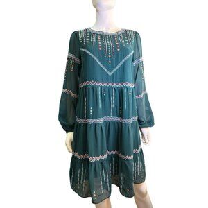 Savannah Jane Suttle Love Tiered Dress Olive Green Embroidered Bell Sleeves EUC